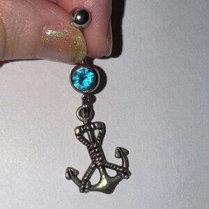Large Anchor with Rope and Aqua Blue Gem Dangle Belly Ring